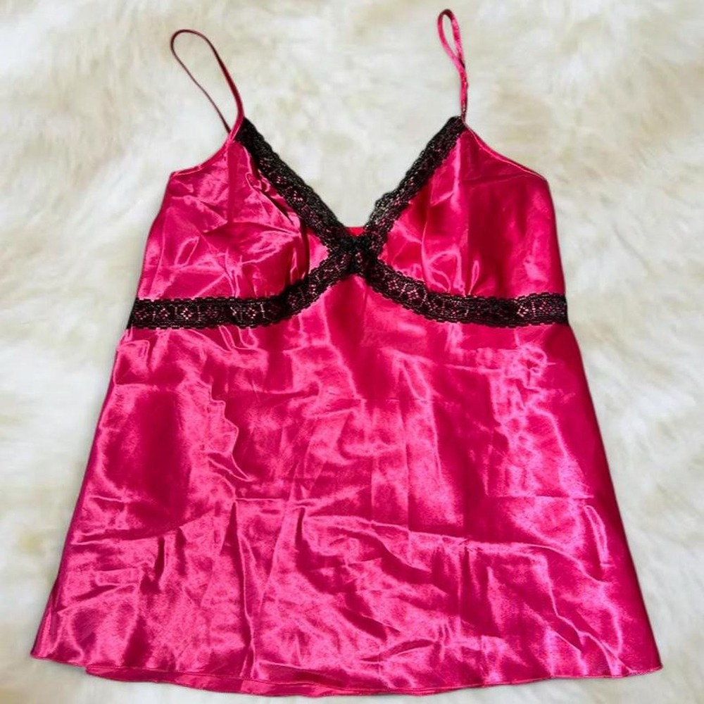Jonathan Martin Y2K Hot Pink Satin Lace Cami Slip Top XL Pink Black 2000s